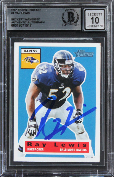 Ravens Ray Lewis Signed 2001 Topps Heritage #1 Card Auto Graded 10! BAS Slabbed