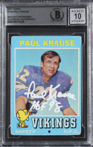 Vikings Paul Krause "HOF 98" Signed 1971 Topps #158 Card Auto 10! BAS Slabbed