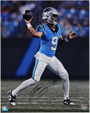 Bryce Young Carolina Panthers Signed 16x20 Vertical Passing in Blue Jersey Photo