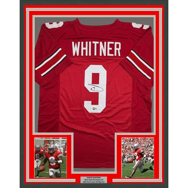 Framed Autographed/Signed Donte Whitner 35x39 Ohio State Red Jersey BAS COA