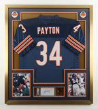 Walter Payton Signed 32x36 Custom Framed Cut Display w/Jersey & Bears Pin / PSA