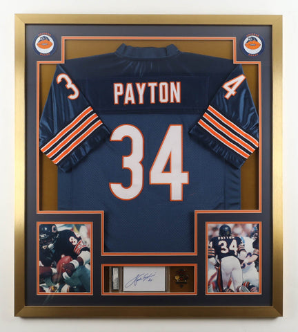 Walter Payton Signed 32x36 Custom Framed Cut Display w/Jersey & Bears Pin / PSA