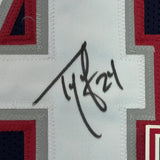Framed Autographed/Signed Ty Law 35x39 New England Blue Jersey JSA COA