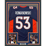 Framed Autographed/Signed Bill Romanowski 35x39 Blue Football Jersey BAS COA