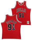 Bulls Dennis Rodman Signed Red Mitchell & Ness HWC Swingman Jersey JSA Witnessed
