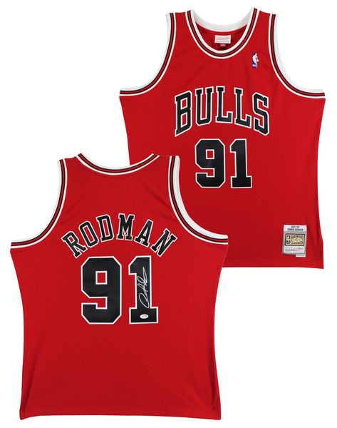 Bulls Dennis Rodman Signed Red Mitchell & Ness HWC Swingman Jersey JSA Witnessed