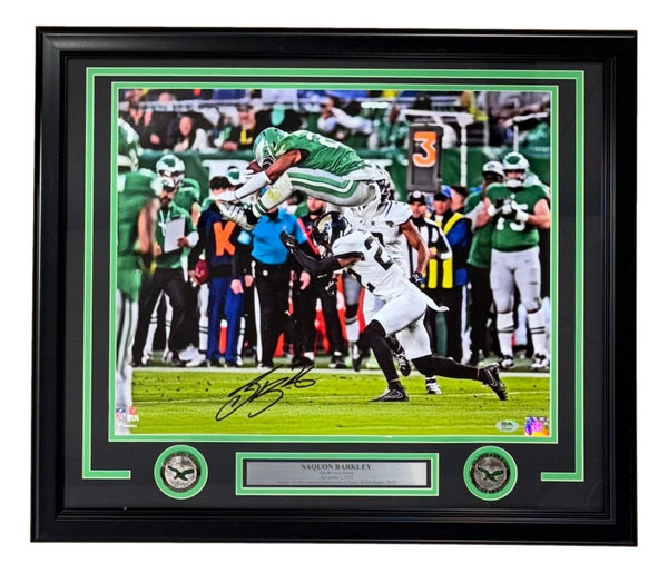 Saquon Barkley Signed Framed 16x20 Eagles Reverse Hurdle Photo PSA/DNA