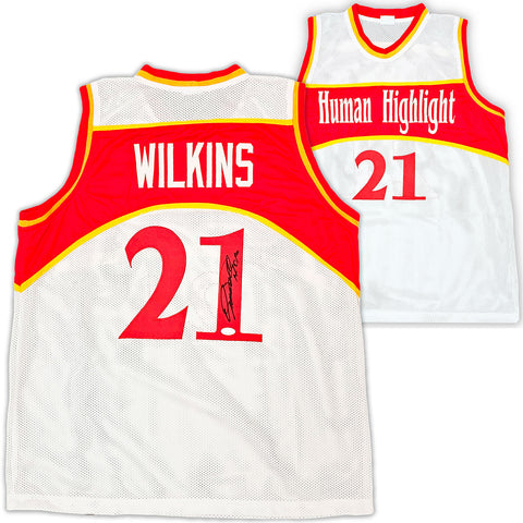 ATLANTA HAWKS DOMINIQUE WILKINS AUTOGRAPHED WHITE JERSEY "HOF" JSA STOCK #215700