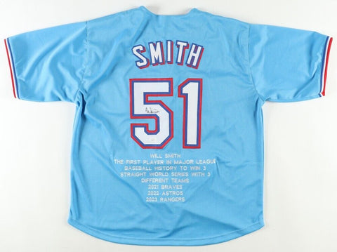 Will Smith Signed Texas Rangers Career Stat Jersey (JSA) 2023 World Series Champ