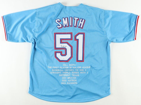 Will Smith Signed Texas Rangers Career Stat Jersey (JSA) 2023 World Series Champ