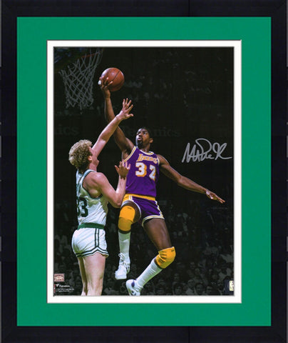 FRMD Magic Johnson Lakers Signed 11x14 Dunk vs. Larry Bird Spotlight Photograph