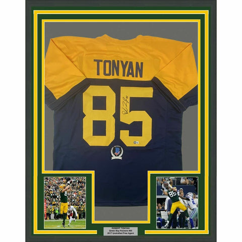 FRAMED Autographed/Signed ROBERT TONYAN 33x42 Retro Blue Jersey BAS COA