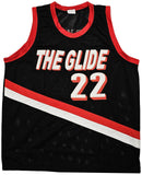 PORTLAND TRAIL BLAZERS CLYDE DREXLER AUTOGRAPHED BLACK JERSEY JSA STOCK #215756