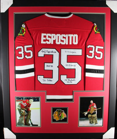 TONY ESPOSITO Blackhawks 6x Inscribed Signed Autographed Framed Jersey Beckett