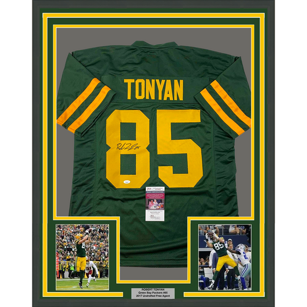 Framed Autographed/Signed Robert Tonyan 33x42 Color Rush Green Jersey JSA COA