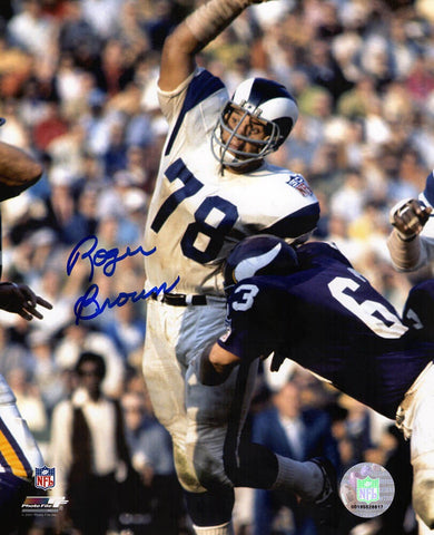 Roger Brown Signed Los Angeles Rams vs Vikings Action 8x10 Photo (SCHWARTZ COA)
