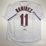 Autographed/Signed JOSE RAMIREZ Cleveland White Baseball Jersey Beckett BAS COA