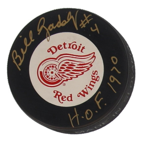 Bill Gadsby Signed Detroit Red Wings Logo Puck Inscribed "HOF 1970" (Beckett)