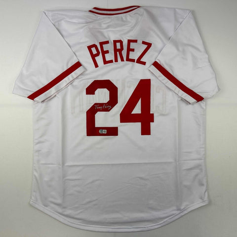 Autographed/Signed Tony Perez Cincinnati White Jersey Beckett BAS COA