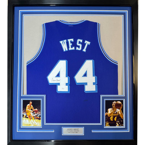 FRAMED Signed JERRY WEST 35x39 Los Angeles Blue Retro Jersey JSA COA