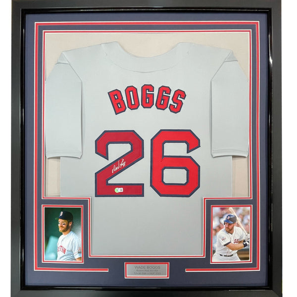 FRAMED Autographed/Signed WADE BOGGS 35x39 Boston Grey Jersey JSA COA