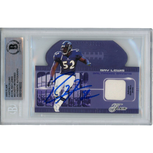 Ray Lewis Autographed/Signed 03 Fleer Die Cut Relic Trading Card Beckett 47938