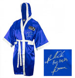 Riddick Bowe Signed Title Blue & White Boxing Robe w/Big Daddy - (SCHWARTZ COA)