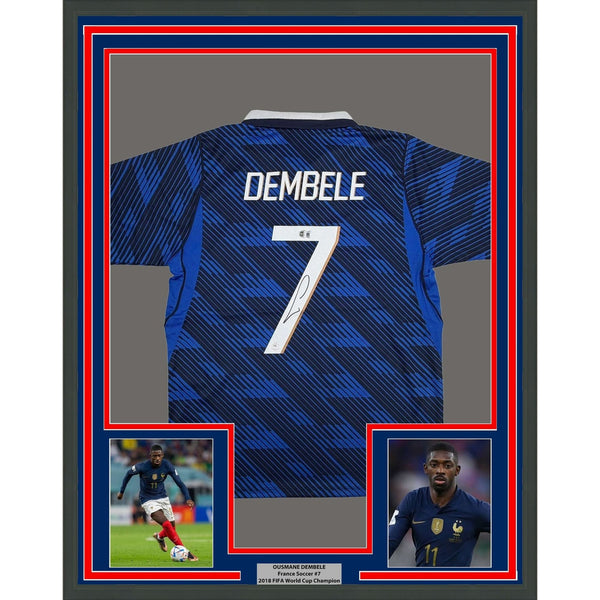 Framed Autographed/Signed Ousmane Dembele 35x39 France Blue Jersey BAS COA