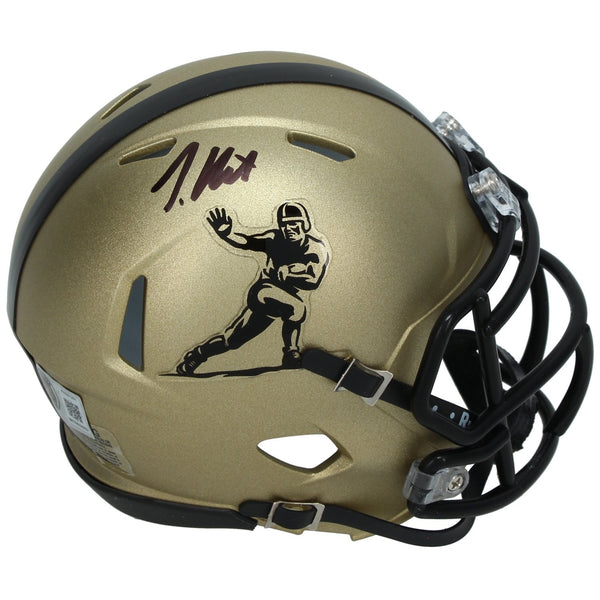 Travis Hunter Autographed Gold Heisman Trophy Logo Speed Mini Helmet Beckett