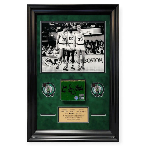 Larry Bird, Robert Parish & Kevin Mchale Autographed Parquet Collage Framed