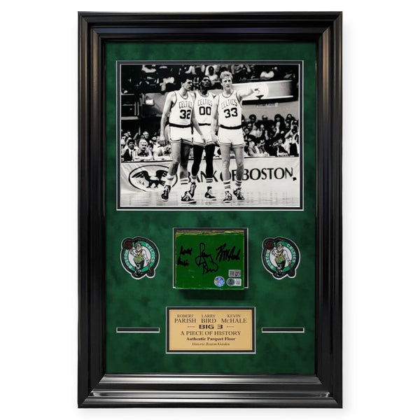 Larry Bird, Robert Parish & Kevin Mchale Autographed Parquet Collage Framed