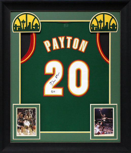Gary Payton Authentic Signed Green Pro Style Framed Jersey w/ White #s BAS Wit