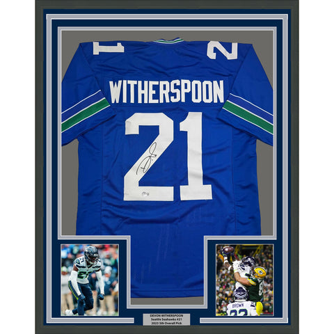 Framed Autographed/Signed Devon Witherspoon 35x39 Seattle Retro Jersey BAS COA
