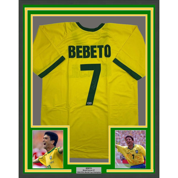 Framed Autographed/Signed Bebeto 35x39 Brazil Yellow Jersey Beckett BAS COA