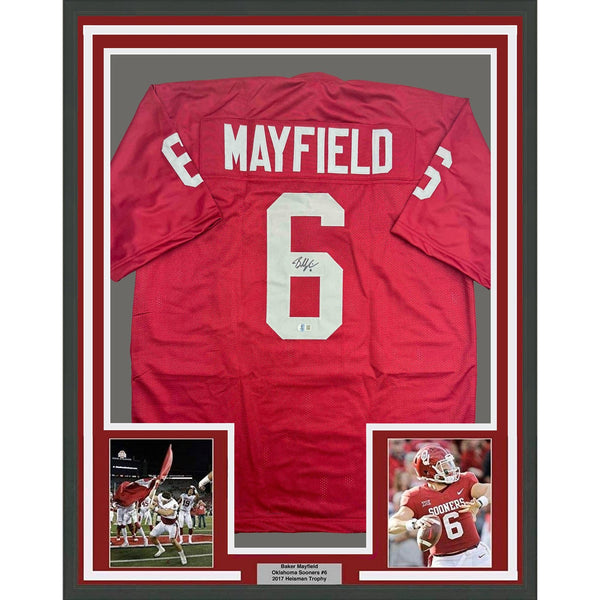 Framed Autographed/Signed Baker Mayfield 35x39 Oklahoma Red Jersey BAS COA