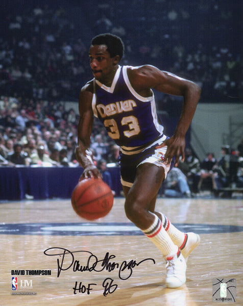 David Thompson Signed Denver Nuggets Dribbling 8x10 Photo w/HOF'96 -SCHWARTZ COA