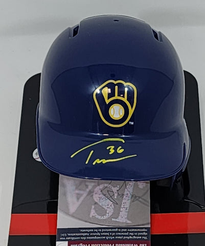 Brewers Pitcher TOBIAS MYERS signed Rawlings BLUE Mini Helmet AUTO - JSA