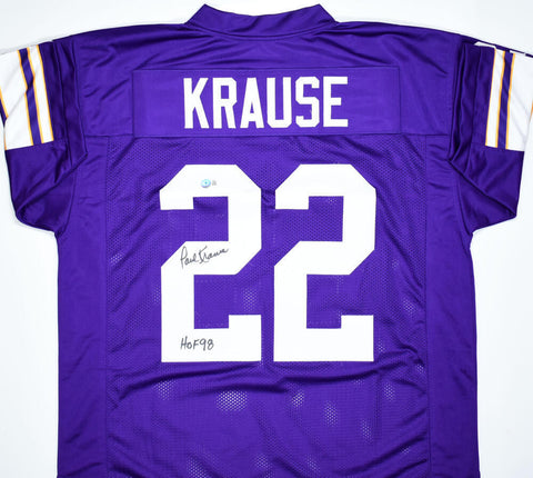Paul Krause Autographed Purple Pro Style Jersey w/ HOF- Beckett W Hologram
