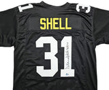 STEELERS DONNIE SHELL AUTOGRAPHED BLACK JERSEY "HOF 20" BECKETT WITNESS 214996