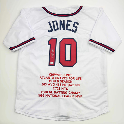 Autographed/Signed CHIPPER JONES Atlanta White Stat Baseball Jersey JSA COA Auto