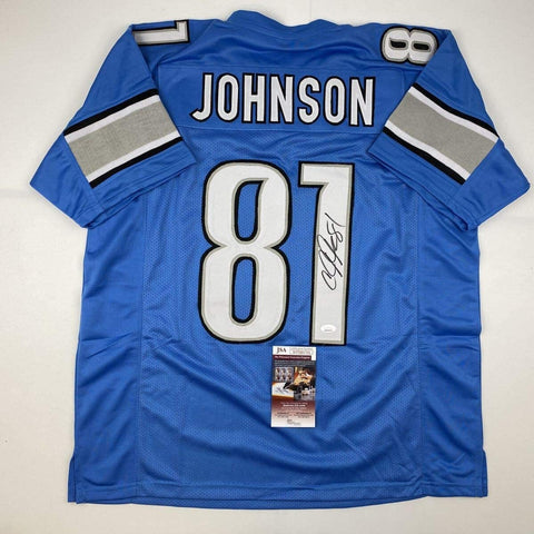 Autographed/Signed Calvin Johnson Detroit Blue Football Jersey JSA COA