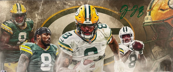 Packers Running Back JOSH JACOBS Signed 13x31 Stretched Canvas Collage AUTO BAS