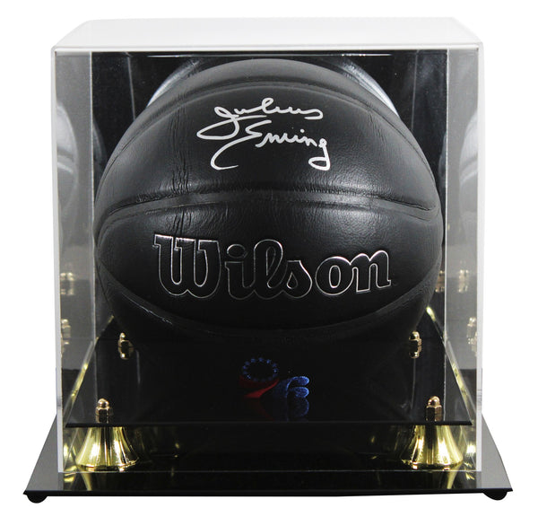 76ers Julius "Dr. J" Erving Signed Black Logo Basketball W/ Case JSA Witness
