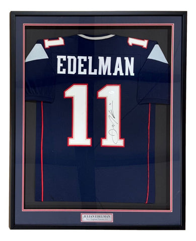 Julian Edelman New England Signed Framed Blue Football Jersey JSA Hologram