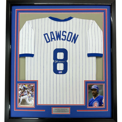 Framed Signed Andre Dawson 35x39 Chicago Pinstripe Jersey JSA COA