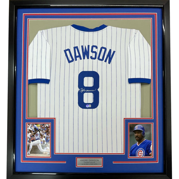 Framed Signed Andre Dawson 35x39 Chicago Pinstripe Jersey JSA COA