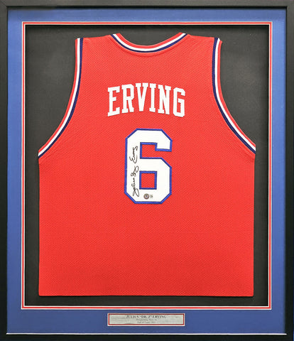 76ERS JULIUS "DR. J" ERVING AUTOGRAPHED SIGNED FRAMED RED JERSEY PSA/DNA 215862