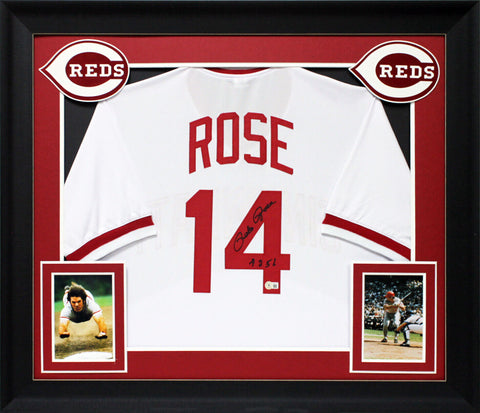 Pete Rose "4256" Authentic Signed White Pro Style Framed Jersey BAS Witness