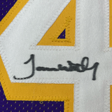 Framed Autographed/Signed James Worthy 33x42 LA Purple Jersey JSA COA
