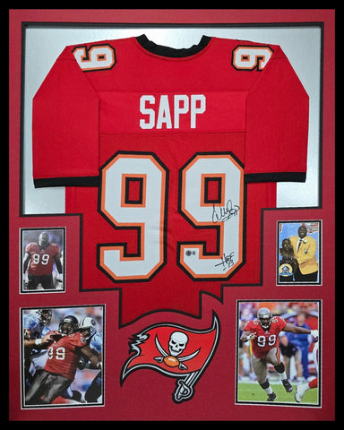 FRAMED TAMPA BAY BUCCANEERS WARREN SAPP AUTOGRAPHED SIGNED JERSEY BECKETT HOLO